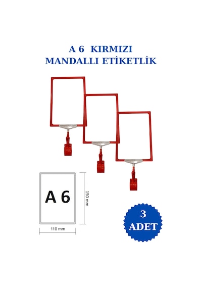 3 Adet Kırmızı A6 Mandallı Raf Sepet Etiketi Çerçeveli Etiketlik Kırmızı
