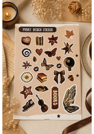 Kahverengi Sticker Seti Vintage Ayıcık Kitap Kahve Çiçek Estetik Etiket-4 Sayfa-90 Adet-kalın Kuşe K