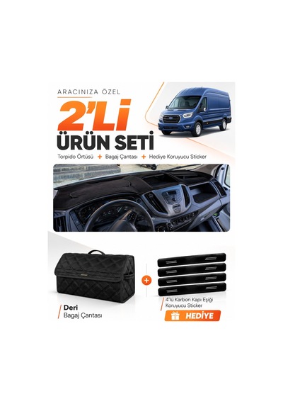 E-biz Ford Transit 2015-2022 Uyumlu Torpido Örtüsü + Deri Bagaj Çantası Seti - Siyah - Fo030