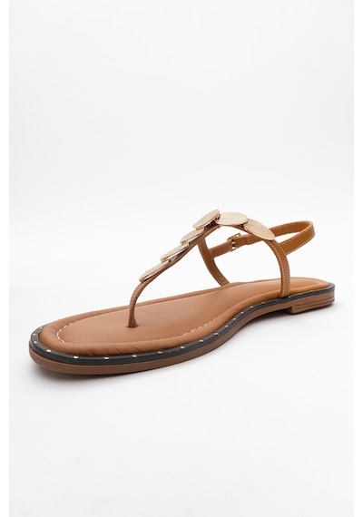 Luvishoes Luvi Shoes Marea Taba Hakiki Deri Parmak Arası Gold Tokalı Kadın Sandalet Taba