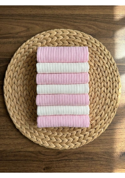 7 Li %100 Pamuk Bebek Ağız Mendili Pembe & Beyaz Kutulu Hediyelik Set Bej