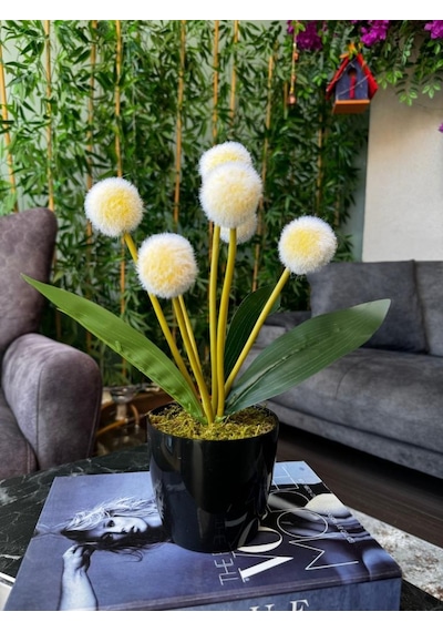 Yapay Çiçek Sarı Pompon Siyah Saksıda Dekoratif Yapay Çiçek 30 20cm
