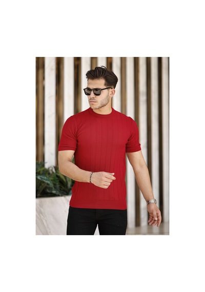Cool Tarz Kırmızı Erkek Yuvarlak Yaka Örme T-shirt Kırmızı Kırmızı