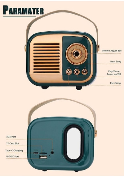 Nostaljik Retro Radio Parlak Kaplama Bluetooth Bağlantılı Hoparlör - Kırmızı- Tek Ebat