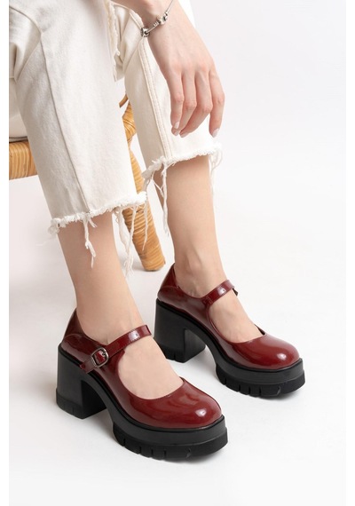 Asmi Shoes Kadın Tek Baletli Loafer Model Topuklu Ayakkabı Bordo Rugan Krem