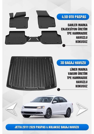 Volkswagen Jetta 2011-2019 Uyumlu 4.5d Premium Havuzlu Oto Paspas Ve Liner Kulaksız Bagaj Havuzu