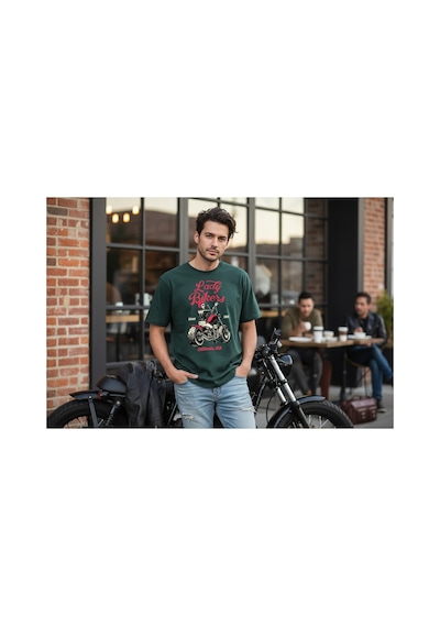 Urbantrendstore Unisex Motosiklet Baskılı Oversize Fit Rahat Geniş Salaş T-shirt Günlük Tişört Zümrüt Yeşili