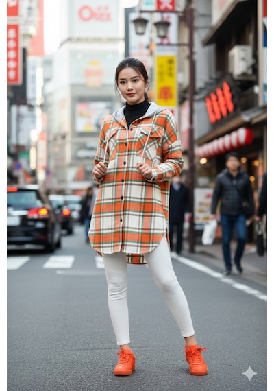 Polologin Butik Kadın Turuncu Ekose Desenli Oversize Kapüşonlu Oduncu Gömlek Ceket Shacket Turuncu