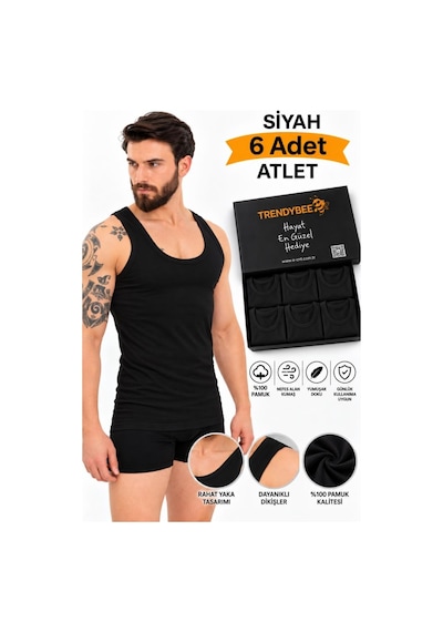 Trendybee Erkek Siyah Atlet 6'lı Paket Premium Kutusunda %100 Pamuklu Erkek Rahat Yaka Günlük Kullanım
