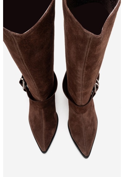 Luvishoes Helıos Kahverengi Süet Hakiki Deri Tokalı Kadın Western Çizme Kahverengi
