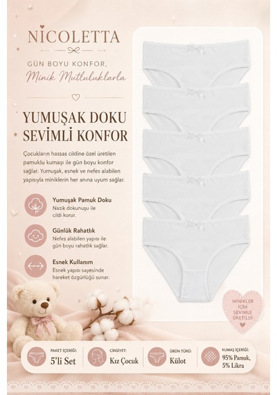 Nicoletta Kız Çocuk Külot 5 Li Paket Likralı Beyaz