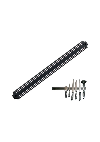 Mutfak Duvarına Monte Mıknatıslı Geniş Bıçak Tutucu Stand - 55 Cm - Siyah - Paslanmaz Çelik Çokrenkli