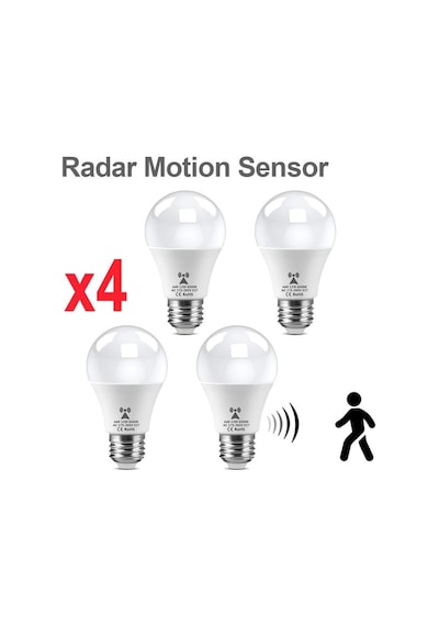4 Adet 18 Watt Radar Sensörlü E27 Duy Led Ampul Gece Ve Hareket Sensörlü Beyaz Işık 18 W. Led Ampul