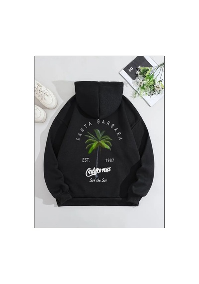 Medinenur Santa Barbara Baskılı Kapüşonlu Cepli Sweatshirt Siyah