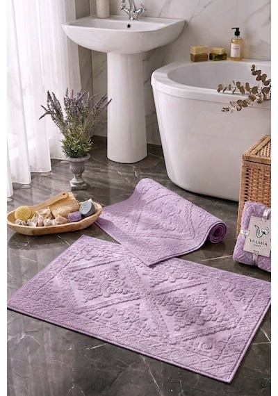 Buççin Online Mağaza 2'li Jakarlı Banyo Ayak Havlusu Seti - Yüksek Emicili Premium Mürdüm Banyo Paspası %100 Pamuk Mor Çok Renkli