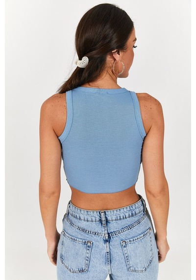 Armonika Kadın Indigo Bisiklet Yaka Yazılı Crop Bluz Arm-22y123018