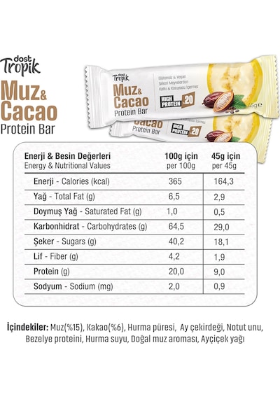 Muz Ve Kakao Aromalı Protein Bar 45 G Protein İçeren Atıştırmalık Ve Sporcu Barı 4 Adet