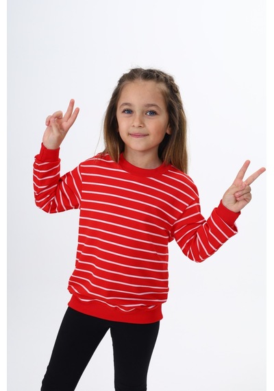 Toontoy Kız Çocuk Çizgili Sweatshirt Kırmızı