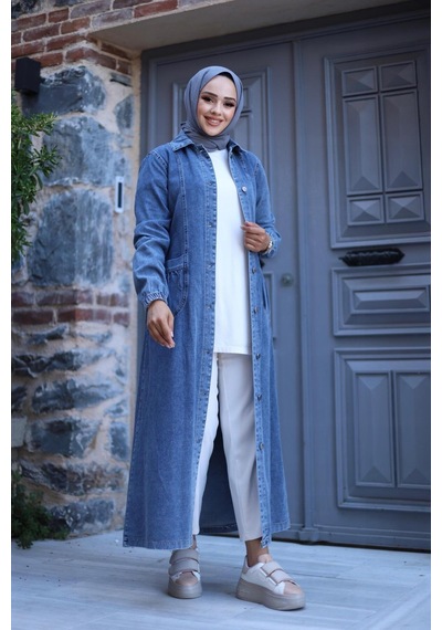 Harman Butik Kadın Düğmeli Cepli Kar Yıkamalı Denim Kot Kap Koyu Kot Mavi Koyu Kot Mavi