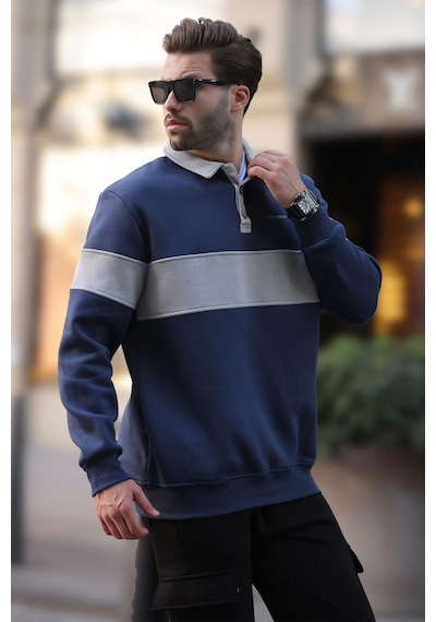 Madmext Lacivert Polo Yaka Renk Bloklu Erkek Sweatshirt 7072 Lacivert