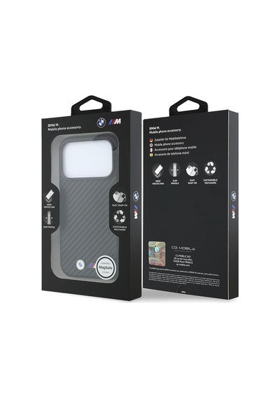 Apple iPhone Uyumlu 18 Pro Max Kılıf Bmw Lisanslı M-safeli Karbon Fiber Ve Metal Logolu Pu Deri Kapak Siyah