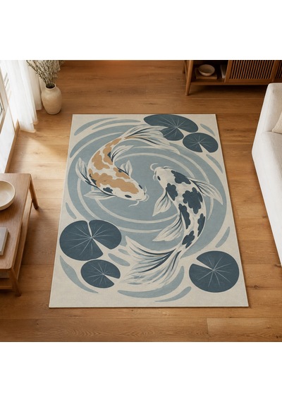 Kartela Halı Koi Balığı Desenli Halı Mavi Kaymaz Taban Makinede Yıkanabilir Salon Halısı 160x240 Cm