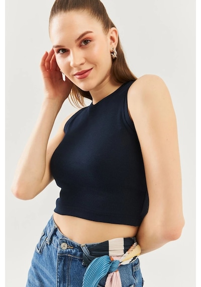Butikgiz Kadın Sıfır Kol Bisiklet Yaka Vücuda Oturan %100 Pamuklu Kaşkorse Esnek Crop Bluz Lacivert