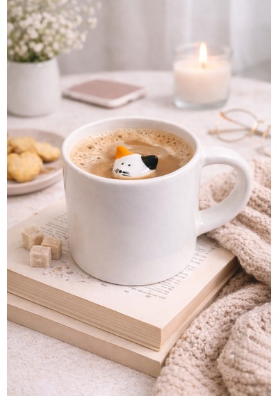 Sürpriz Kedi Figürlü Seramik Kahve Kupası Gizli Tasarım Mug Bardak Beyaz