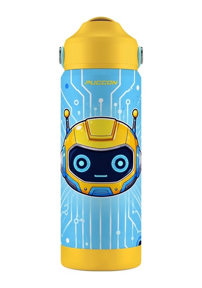 Puccon 540 Ml Robot Baskılı Sarı Erkek Çocuk Pipetli Çelik Termos Matara/suluk - 60066