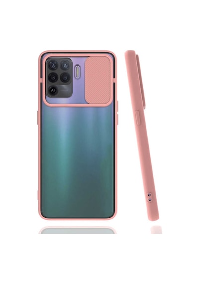 Noktaks - Oppo Reno 5 Lite Uyumlu - Kılıf Slayt Sürgülü Arkası Buzlu Lensi Kapak - Pembe Açık