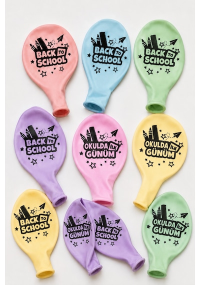 Okulda İlk Günüm 10'lu Makaron Balon Seti Çift Taraflı Back To School Okul Açılışı Diğer