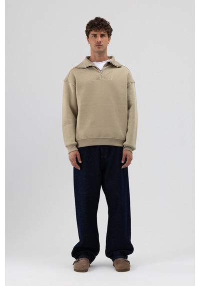 Vamos Basic Fermuarlı Dik Yaka Sweatshirt Haki
