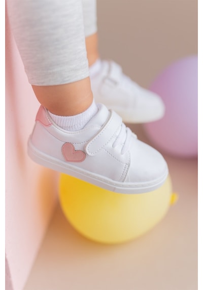 First Step S-1000 Kalpli Cırt Cırtlı Kız Bebek Günlük Spor Ayakkabı Beyaz - Pembe