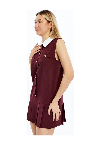 Selectmoda Kadın Çizgili Düğmeli Kolsuz Elbise Bordo