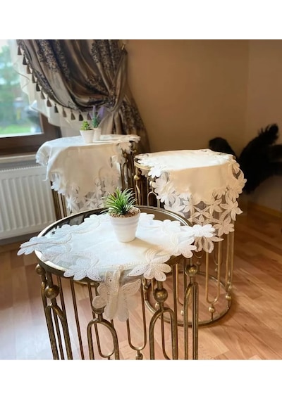 Salon Takımı Çeyizlik Helena Model Krem 5 Parça Keten Dantelli Runner Seti Çok Renkli