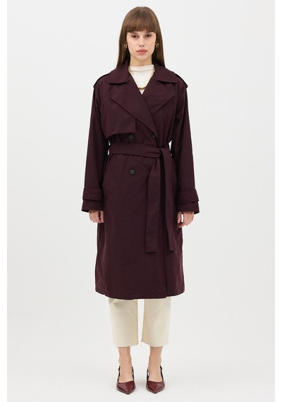 Ressho Kadın Kemerli Uzun Trençkot Su Geçirmez, Astarlı, Oversize Model Bordo