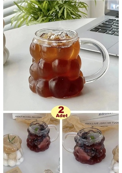 2li Boncuklu Cam Bardak Üzüm Tanesi Şeklinde Saplı 350 Ml. Meşrubat Su Kahve Sunum Bardağı Seti