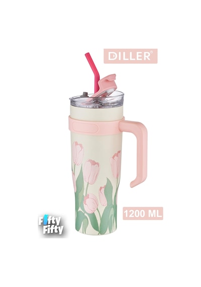 DILLER Quencher Cup 1200 ML Pipetli/Rahat İçim Kulplu Paslanmaz Çelik Termos -FFDILLERD9120