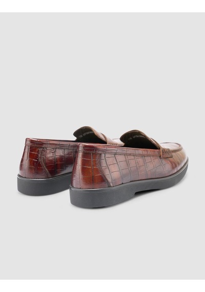 %100 Hakiki Deri Kahverengi Croco Desen Kadın Loafer Kahverengi