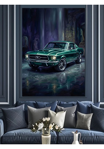 Gece Işıkları Altında Yeşil Mustang Dekoratif Kanvas - Mdf Ahşap Tablo