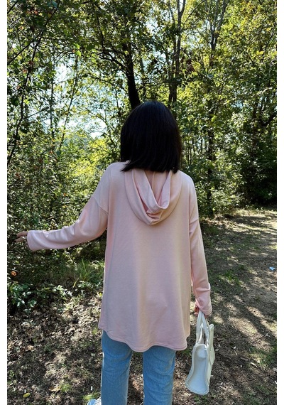 WeShaya Kadın Pudra Uzun Kol, Yakası Bağcıklı, Kapüşonlu, Kanguru Cep, Salaş, Uzun Tunik Sweatshirt Pudra