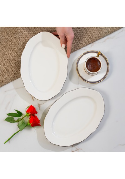 Porsima 4453 Yonca Porselen Platin Fileli Kayık Tabak Seti - Oval Kahvaltılık Sunumluk Seti 25cm Beyaz