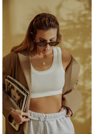 Los Ojos X Melodi Gri Pamuklu Kalın Askılı Crop Top Tank Kar Melanj