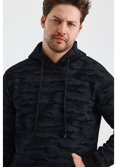 Monox Erkek Kapşonlu Kamuflaj Baskılı 3 İplik Sweatshirt Siyah
