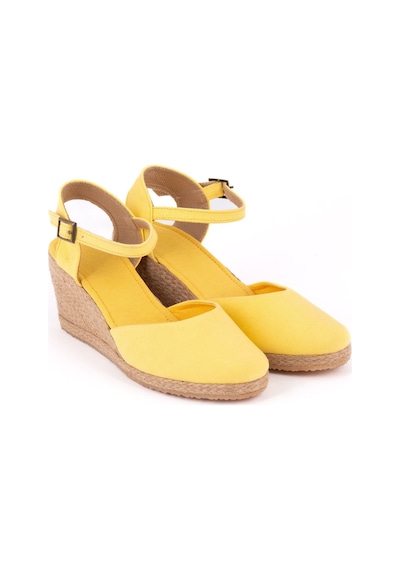 Star Tombis Gerçek Elişi Topuğu Açık Bilekten Bantlı Dolgu Topuk Keten Hasır Kadın Espadril Handmade Açık Sarı