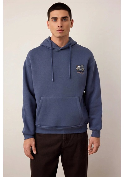 Benerly Erkek Kapüşonlu Düşük Kol Sweatshirt Slogan Nakışlı Fonksiyonel D Indigo