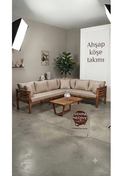 Ahşap Köşe Takımı L Koltuk 180x140 Cm Açık Ceviz