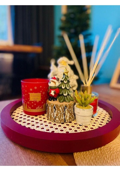 Rattan Hazeran Yuvarlak Tepsi Bordo %100 Doğal Hazeran