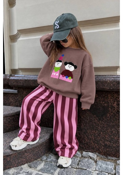 Monila Kız Çocuk Pamuklu Süzene Çocuk Nakışlı Kahverengi Sweatshirt Ve Pembe Çizgili Eşofman Alt Üst Takım
