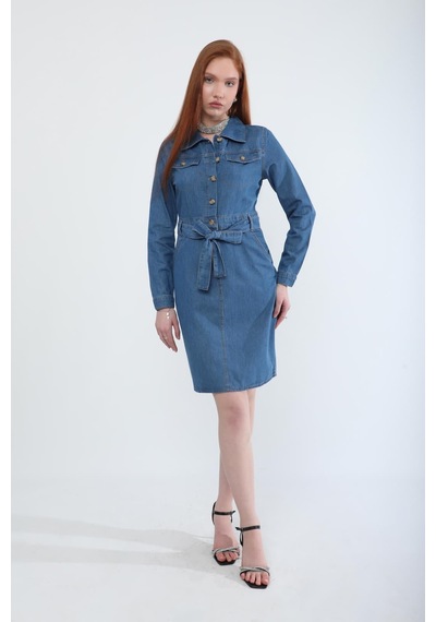 Banny Jeans Kadın Kuşaklı Uzun Kollu Elbise Açık Mavi